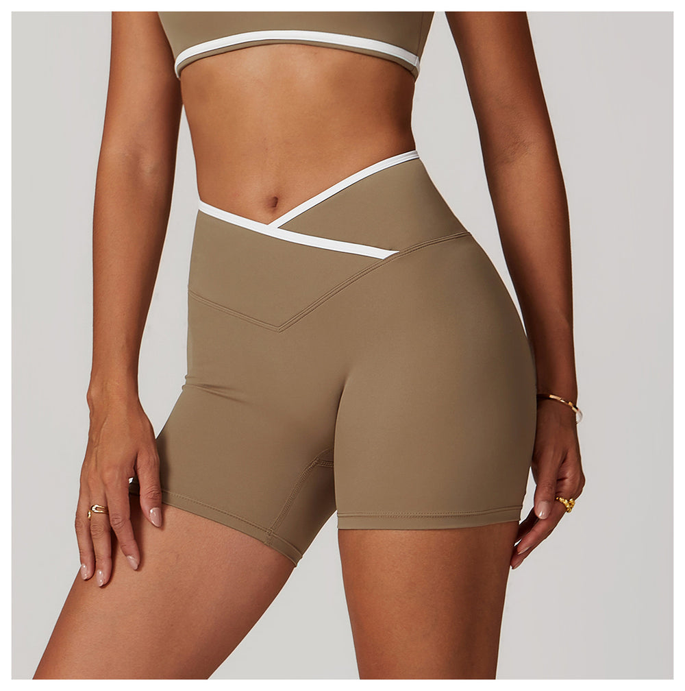 Activewear Crossover Waist Biker Shorts for Women in Dark Beige