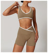 High-Impact Sports Bra - Racerback with Contrast Trim in Dark Beige