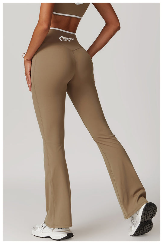 High-Waisted Crossover Flare Pants - Trendy Yoga Style in Dark Beige