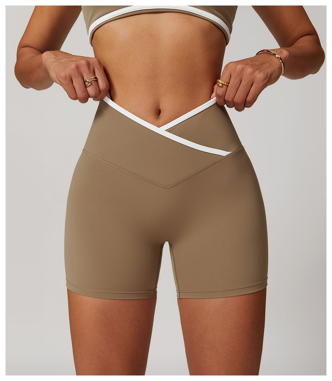 Activewear Crossover Waist Biker Shorts for Women in Dark Beige