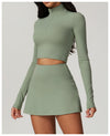 High-Neck Long-Sleeve Workout Crop Top - Soft & Breathable in Olive Green