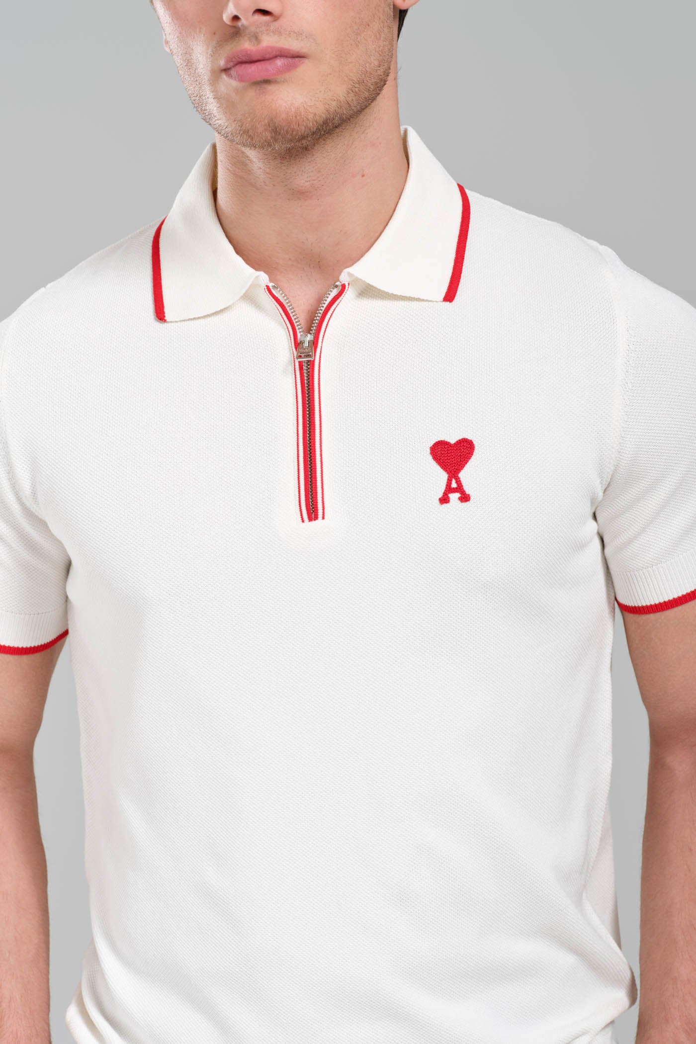AMI Paris Ami de Coeur Zip Knit Polo Shirt – White