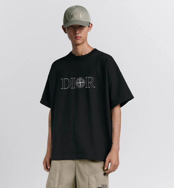 Dior And Stone Island T-Shirt, Oversized Fit Black Cotton Jersey