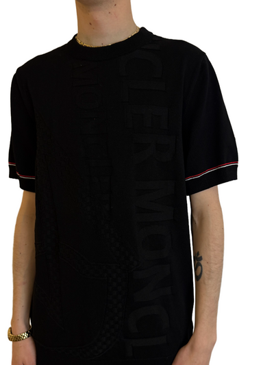 Moncler Black Embossed Logo T-Shirt with Contrast Sleeve Detail