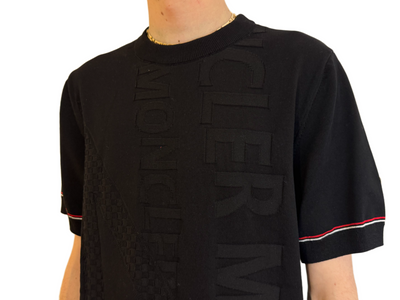 Moncler Black Embossed Logo T-Shirt with Contrast Sleeve Detail