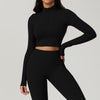 High-Neck Long-Sleeve Workout Crop Top - Soft & Breathable in Black