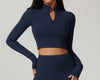 High-Neck Long-Sleeve Workout Crop Top - Soft & Breathable in Navy Blue