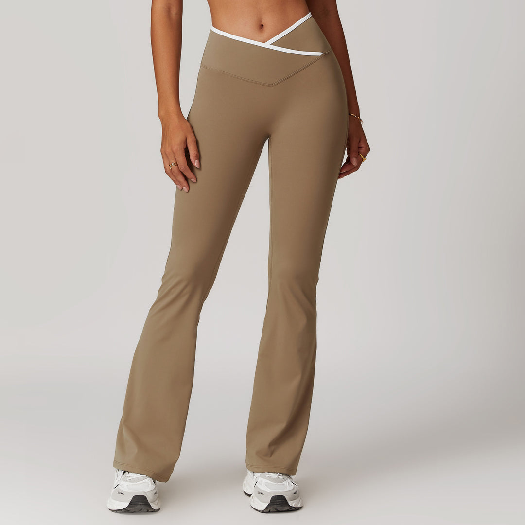 High-Waisted Crossover Flare Pants - Trendy Yoga Style in Dark Beige