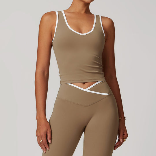 Contrast Trim Racerback Tank Top - Sleek Activewear in Dark Beige