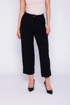 A pair of women's modern black trousers on display, featuring a sleek and tailored design suitable for both casual and professional wear.