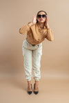 Beige long sleeve crop jacket for women, designed for winter warmth