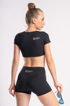 Black activewear set for women - crop top and high-waisted shorts