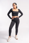 Black seamless leggings with matching crop top, high-waist yoga pants for workouts