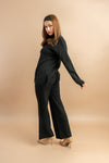 Turtle neck full sleeve black knit top with matching wide-leg pants