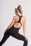 Women's fitness black jumpsuit, backless and designed for flexibility and comfort