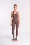 Backless brown jumpsuit for women, perfect for intense workout sessions