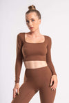 brown seamless leggings and matching long-sleeve crop top for gym