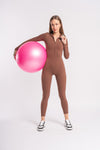 Zip-up bodycon jumpsuit with long sleeves, designed for active gym