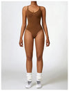 Brown short-length unitard with a backless design and thin straps