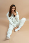 White cropped hoodie and track pants set for women, ideal for casual wear