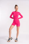 short-length unitard for women with long sleeves and a front zipper, designed for flexibility