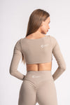 Full-sleeve crop top with high-waist yoga pants, ideal for running and fitness