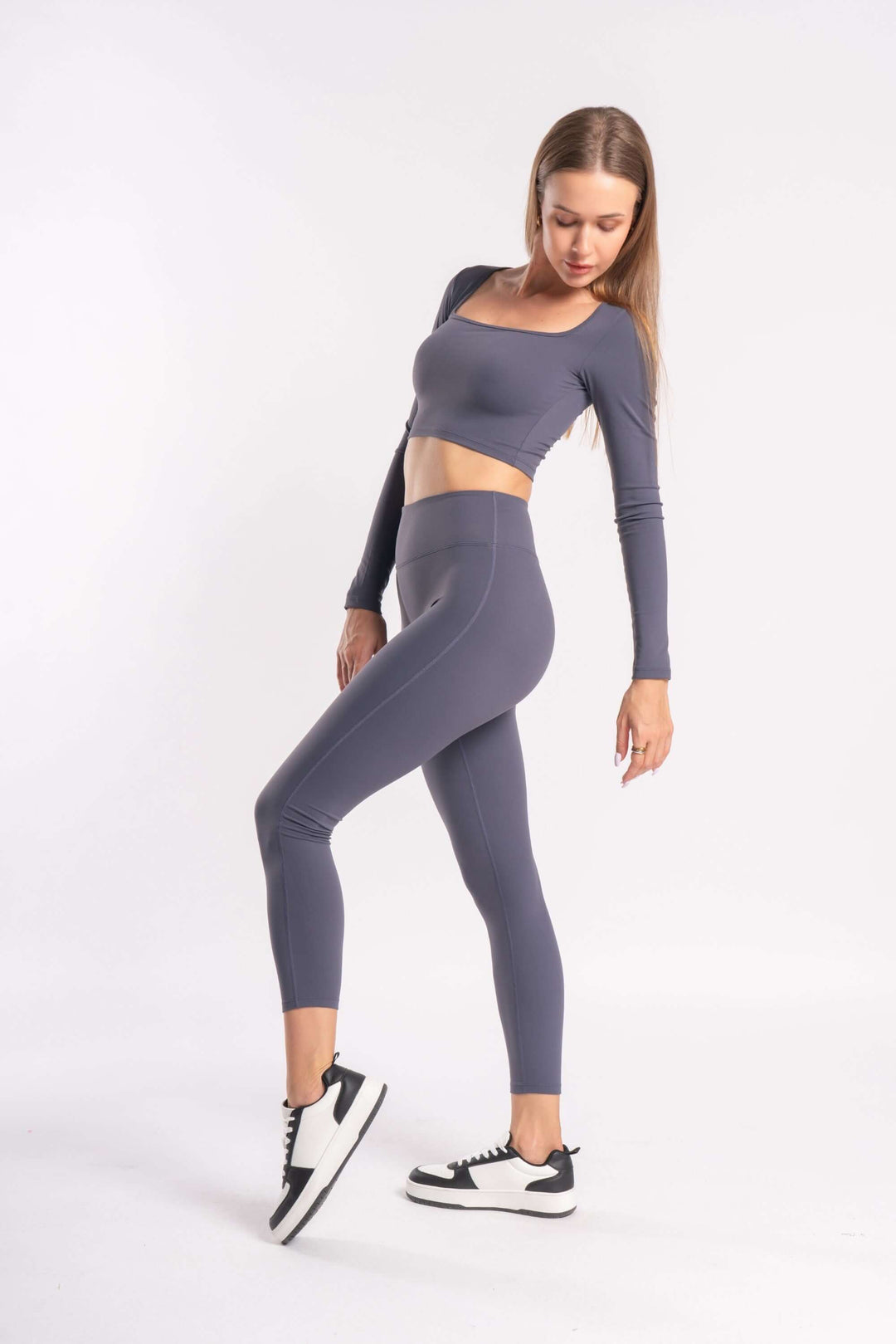 grey yoga pants and long-sleeve crop top, nylon spandex activewear set