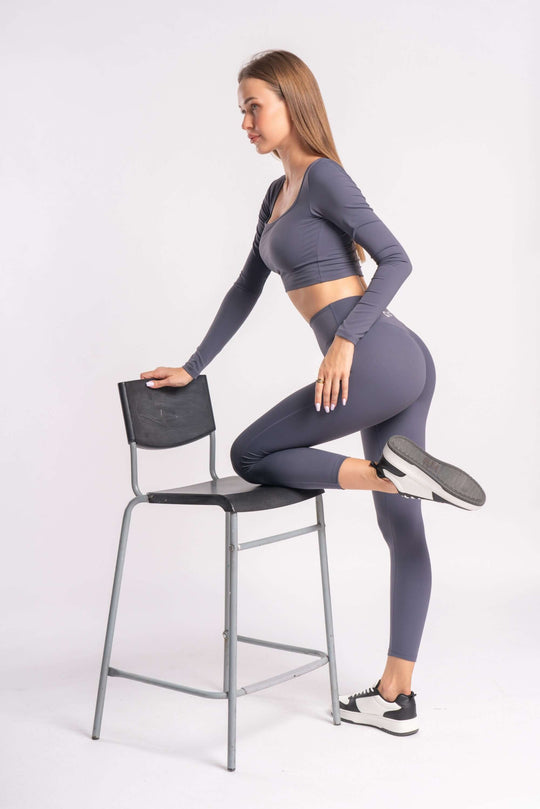 grey leggings with matching crop top, high-waist design for workouts