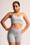 Women’s grey halter flexirib bra and shorts set for running