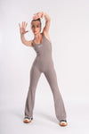 Flared pants grey jumpsuit, full-length and backless, perfect for gym, yoga, and CrossFit