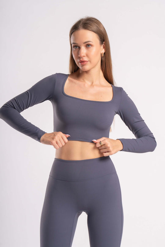 grey seamless high-waist leggings and long-sleeve cropped top