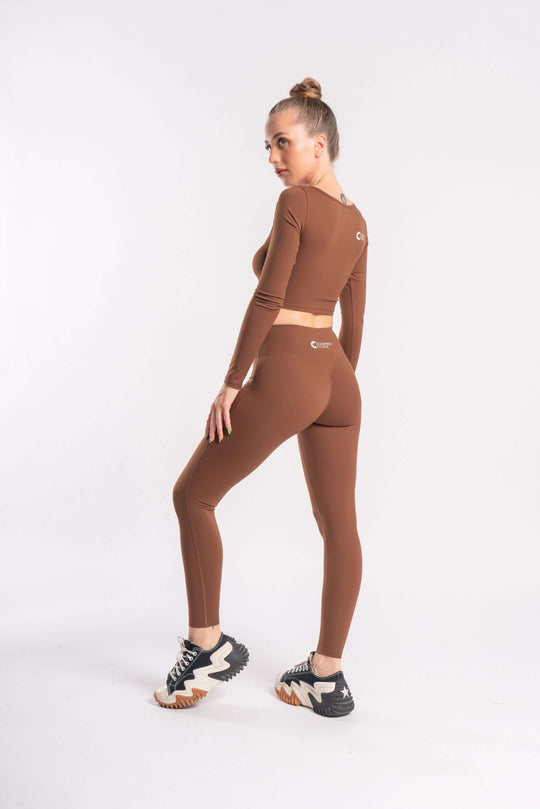 brown seamless leggings and cropped top, high-waist spandex workout set for women