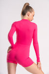 Short-length unitard with long sleeves for women, featuring a zip-front closure