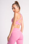 Pink color active wear with cross back sports bra and yoga pants set