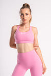 High waist pink color yoga pants with matching sports bra set for workout day