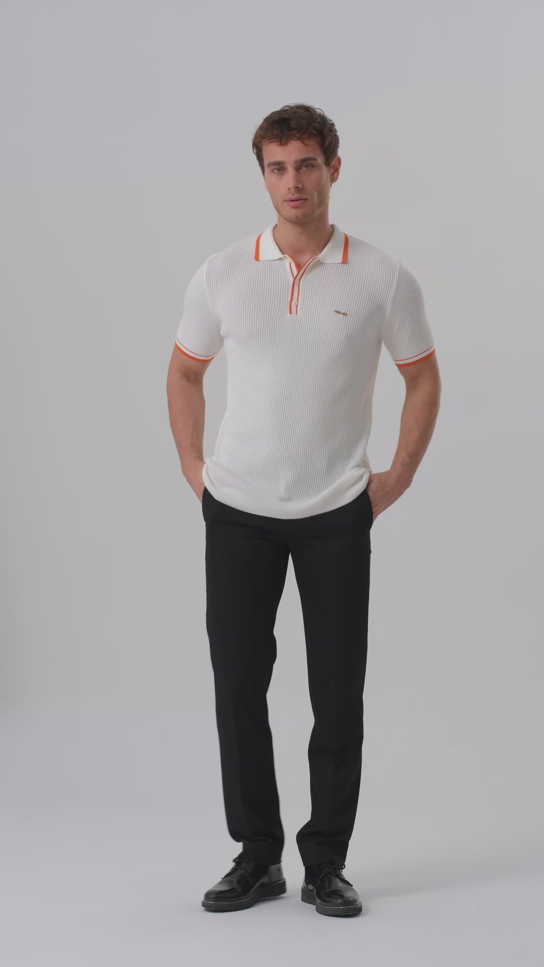 Hermes Textured White Polo Shirt with Orange Accents