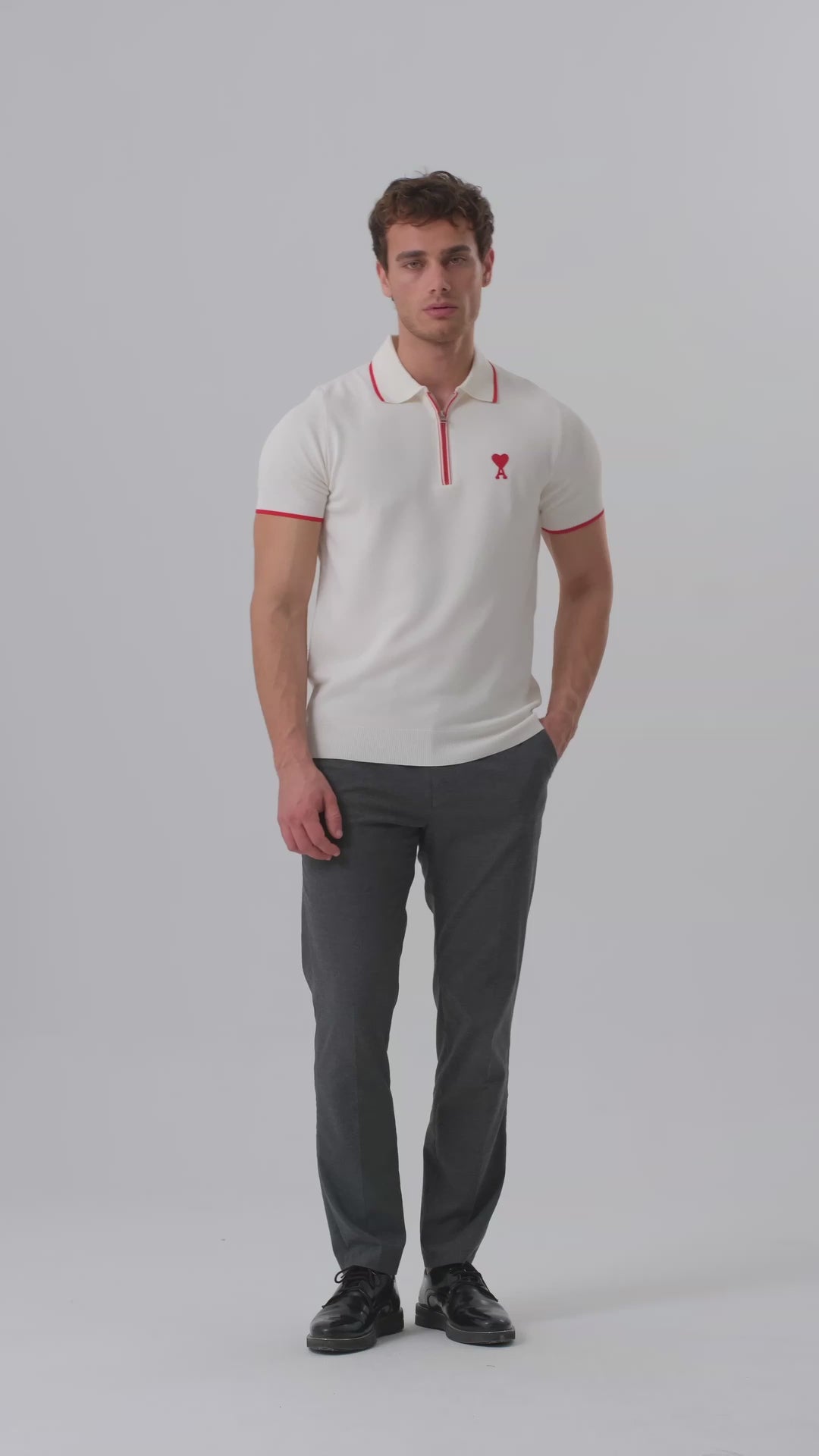 ★AMI PARIS★de Coeur Polo Shirt White★大人気★ AMI Paris Ami de Coeur Zip Knit Polo Shirt – White