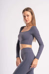 seamless grey leggings with matching cropped top, breathable high-rise