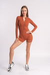 Zip-front short unitard for women with ease of movement in sports