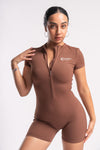 Women's fitness zip-front unitard, short-sleeve design