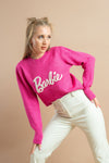 Casual wear for women featuring a pink Barbie sweatshirt with long sleeves and a comfortable fit