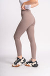 High-waisted taupe yoga pants for women, ideal for yoga, pilates