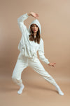 Women's white crop hoodie and tracksuit set, designed for comfort 