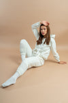 Sporty white hooded crop tracksuit for women, comfortable for workouts