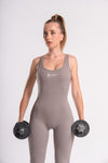 Full-length backless jumpsuit with flared pants for maximum movement during yoga and CrossFit. 