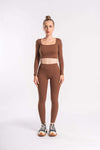 brown matching long-sleeve crop top, breathable workout outfit