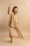 Trendy knit turtle neck set with wide-leg pants, perfect for winter