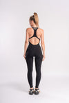 Black Backless gym wear jumpsuit for women, perfect for any workout routine