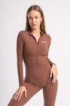 Full-body workout jumpsuit with zipper front and long sleeves