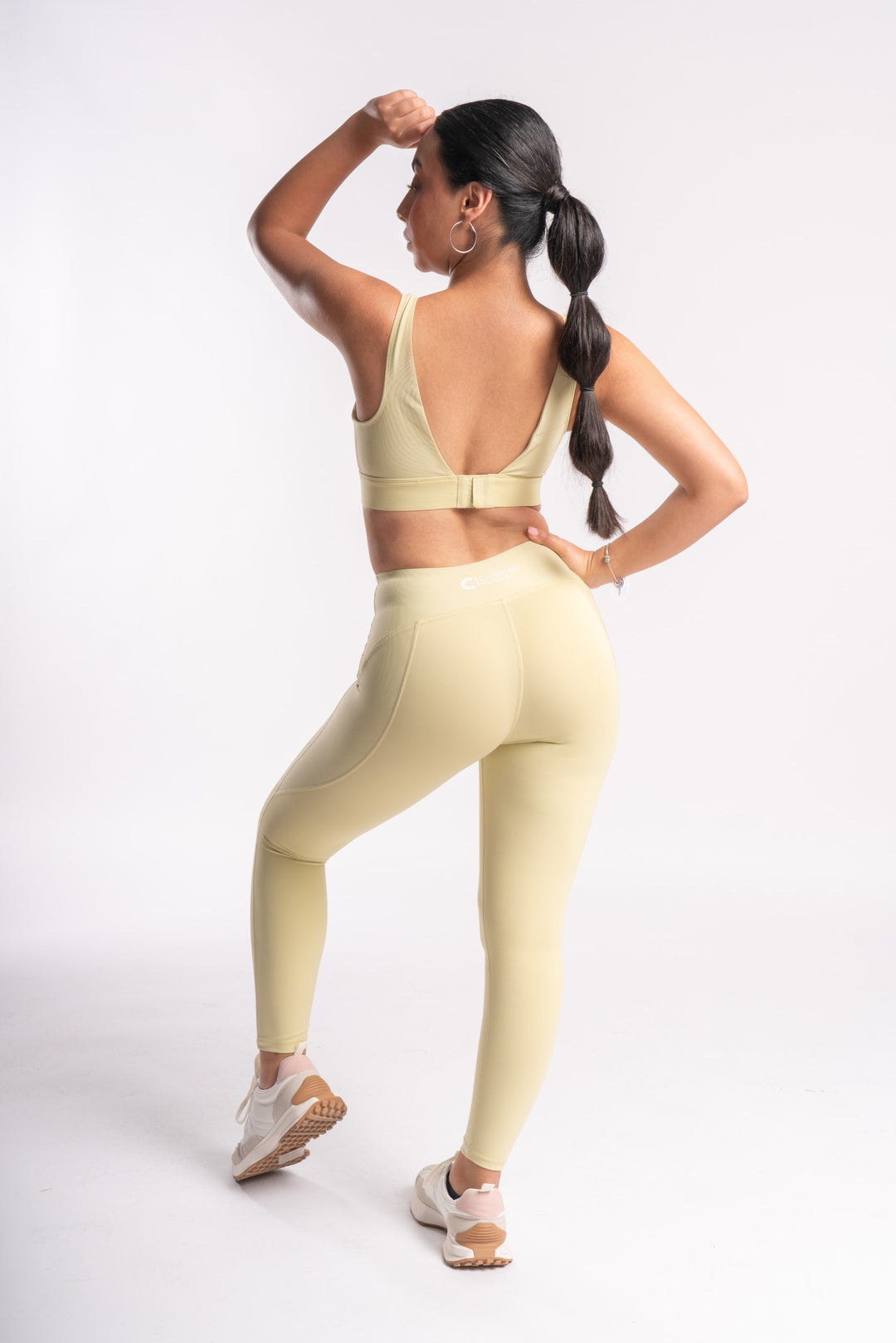 yellow activewear set for woman - yoga leggings, fitted jacket and padded sports bra